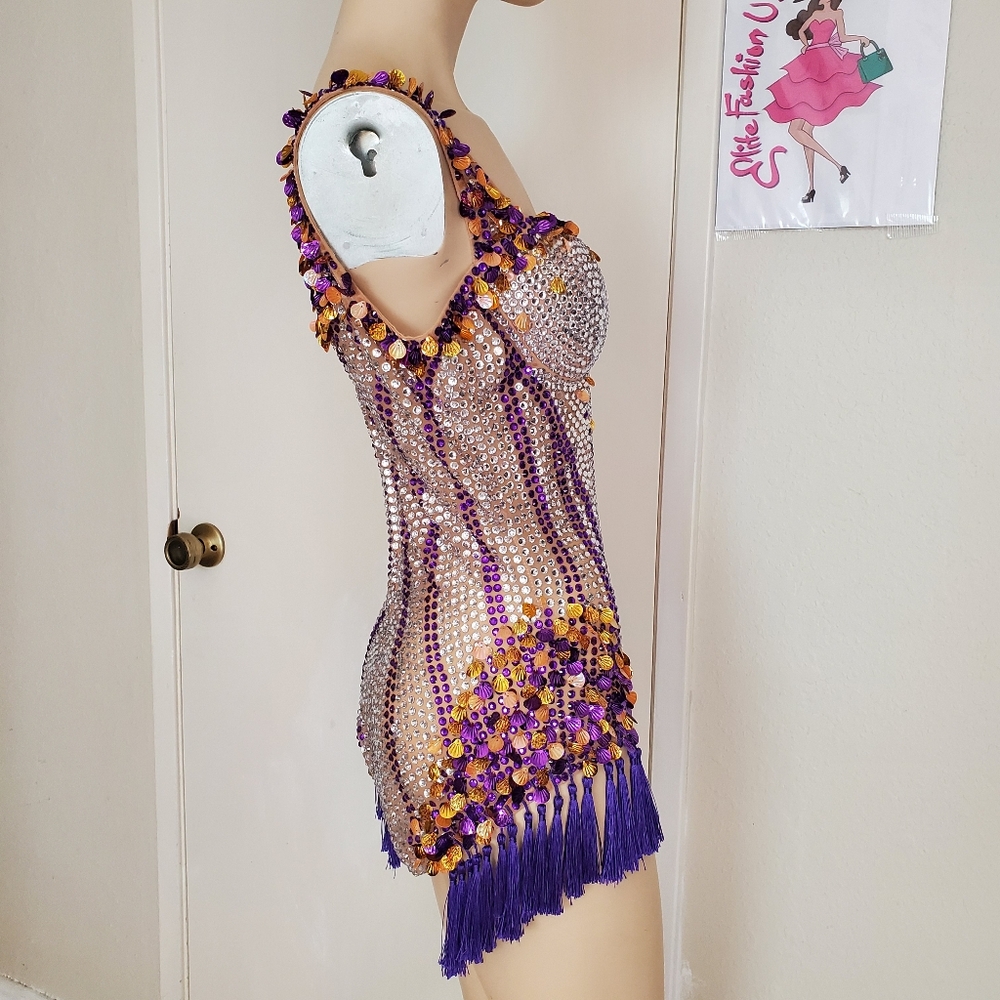 Embellished Purple & Gold One-Piece Rave Bodysuit - Picture 6 of 6